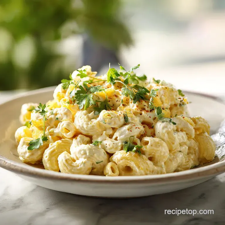 A scoop of chilled macaroni salad with halved deviled egg sits beside crisp lettuce, garnished with paprika and parsley, r...