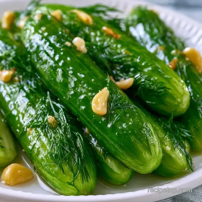 Crisp cucumber slices elegantly piled on a white ceramic dish, garnished with fresh green dill and peppercorns.