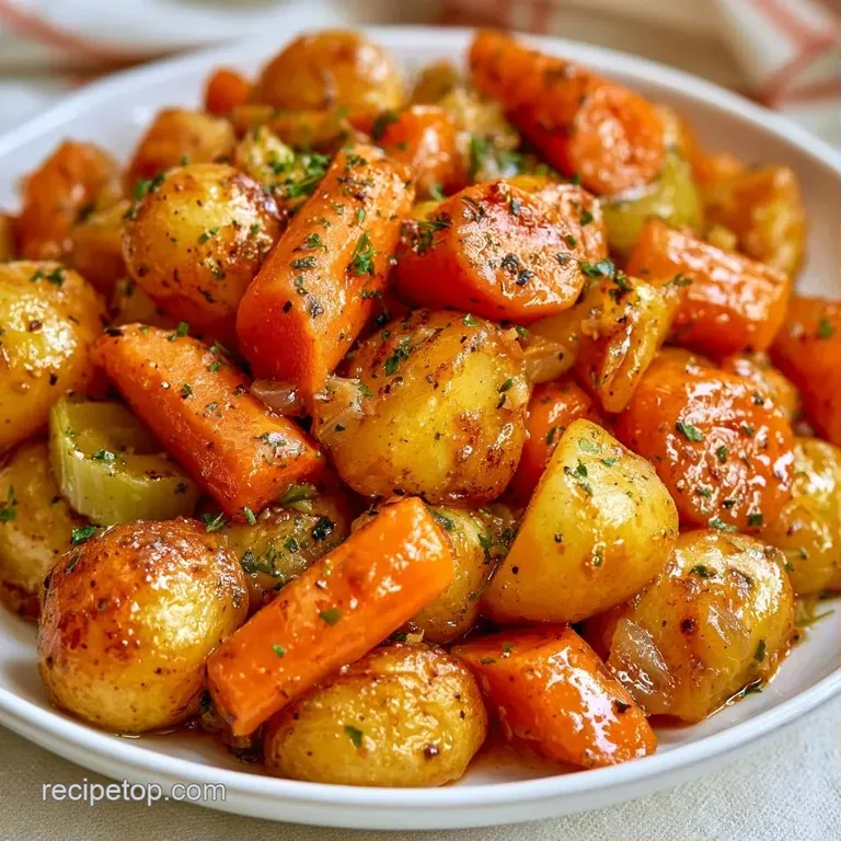 A white ceramic bowl filled with colorful garden vegetables and tender potatoes, topped with a sprig of fresh parsley.