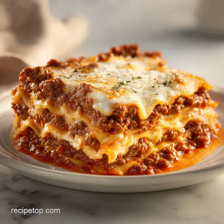 A neat square of layered pasta with bubbling melted cheese and rich meat sauce on a clean white ceramic plate.