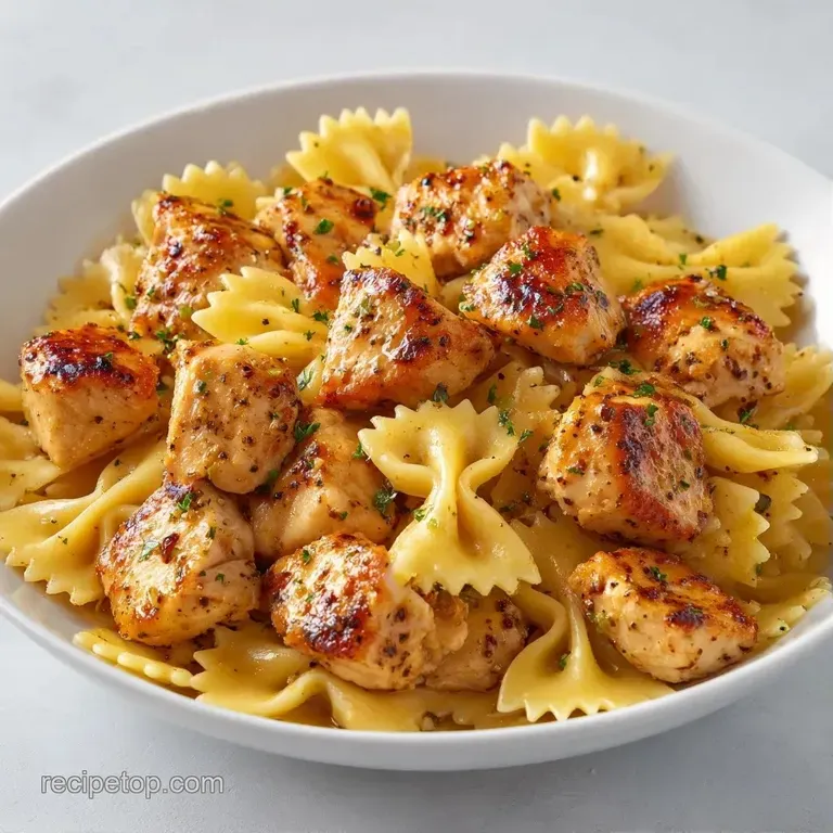 Al dente farfalle pasta and seared chicken breast plated on a matte black dish with a sprinkle of parmesan.