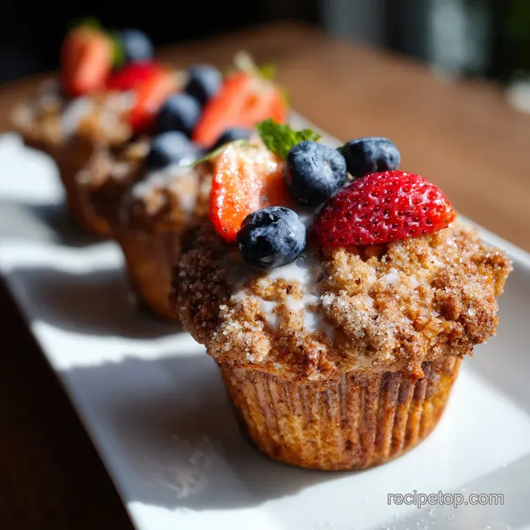 Plump muffins with glistening tops arranged artfully on a rustic ceramic plate.