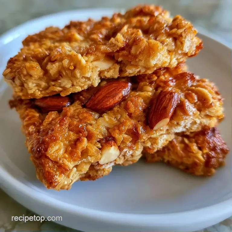 Neatly stacked honey-glazed oat rectangles on a white plate, garnished with a scatter of toasted almonds and berries.