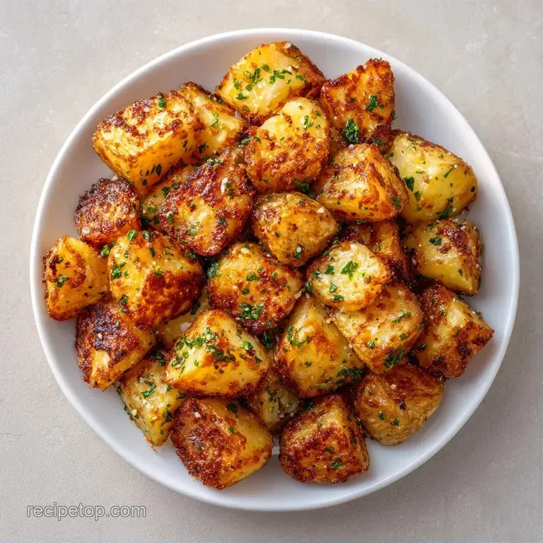 Golden potato cubes piled in a white bowl, garnished with fresh green herbs and melted, toasted cheese crumbles.