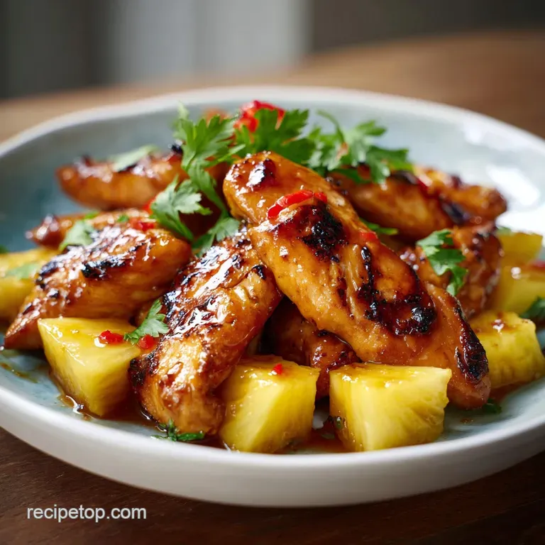 Golden-brown pineapple chicken arranged artfully on a white plate, sauce dripping, paired with perfectly cooked rice and g...