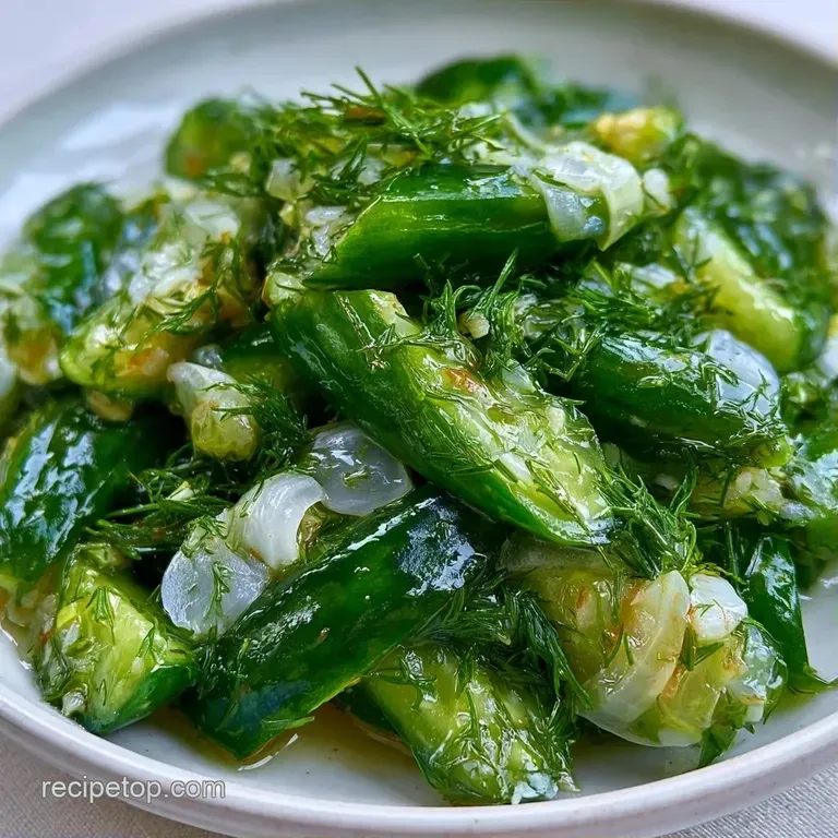 A handful of bright green cucumber spears on a white ceramic plate, glistening with brine and fresh dill sprigs.