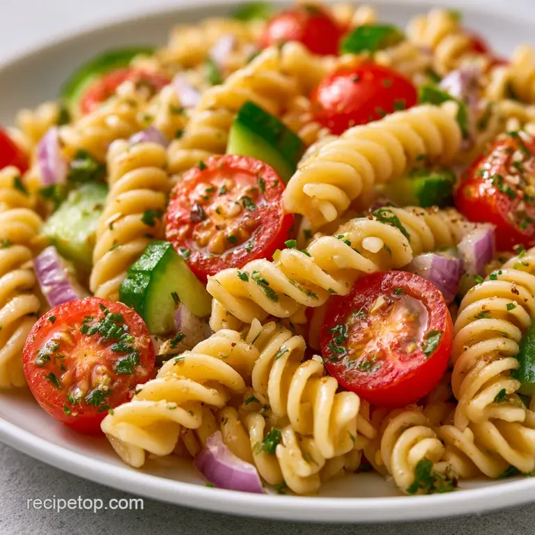 A bright white ceramic bowl filled with tossed pasta, diced cucumbers, and crumbled feta under soft sunlight.