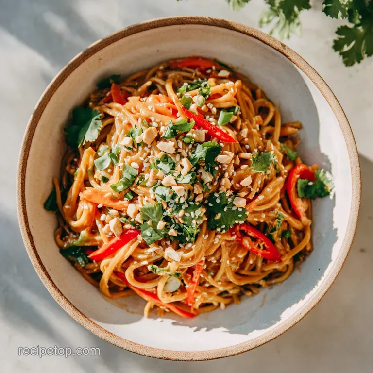 A swirl of peanut noodles on a white plate, garnished with vibrant cilantro and a sprinkle of chili flakes for a pop of co...