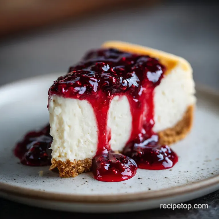 Slice of creamy cheesecake with a dusting of powdered sugar on a white plate, fork resting beside it. Inviting and elegant.