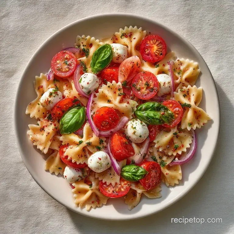 Colorful pasta bow-ties tossed with diced peppers and red onion, served in a shallow white bowl with fresh parsley.