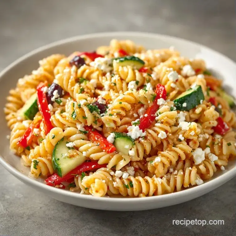 A bright medley of spiral pasta, red tomatoes, and olives served in a white ceramic bowl on a light wooden table.