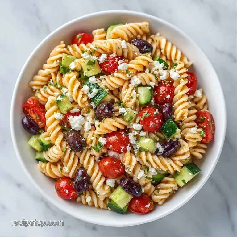 Vibrant pasta salad on a white platter featuring dark kalamata olives, sliced red onions, and fresh green parsley.