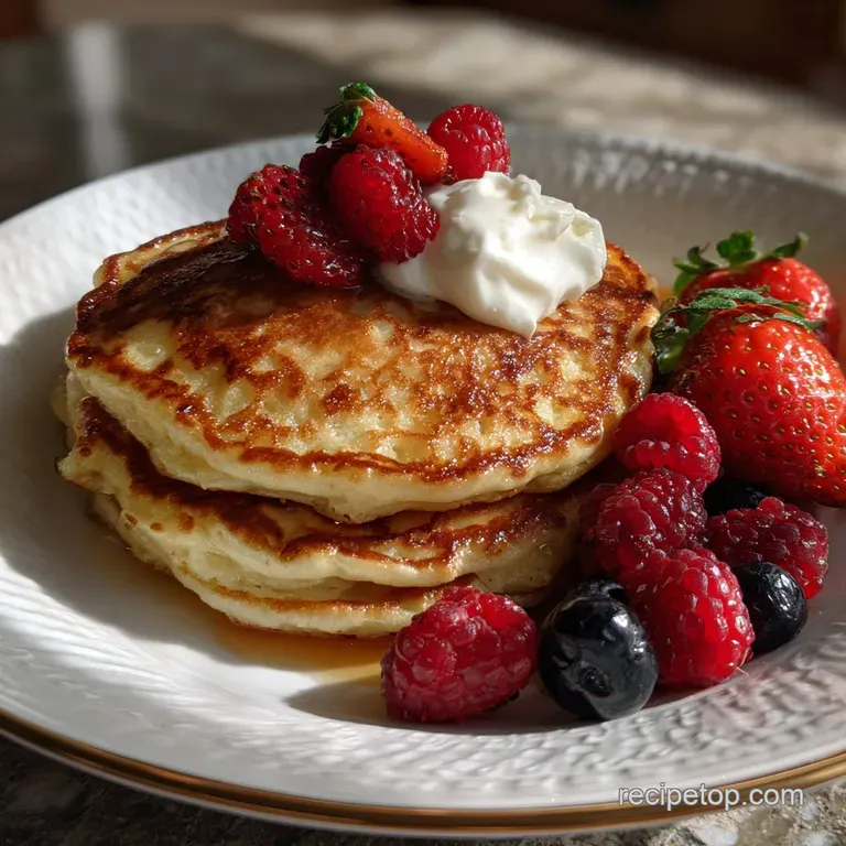Fluffy buttermilk pancake topped with fresh blueberries and whipped cream on a white plate, dusted with powdered sugar.