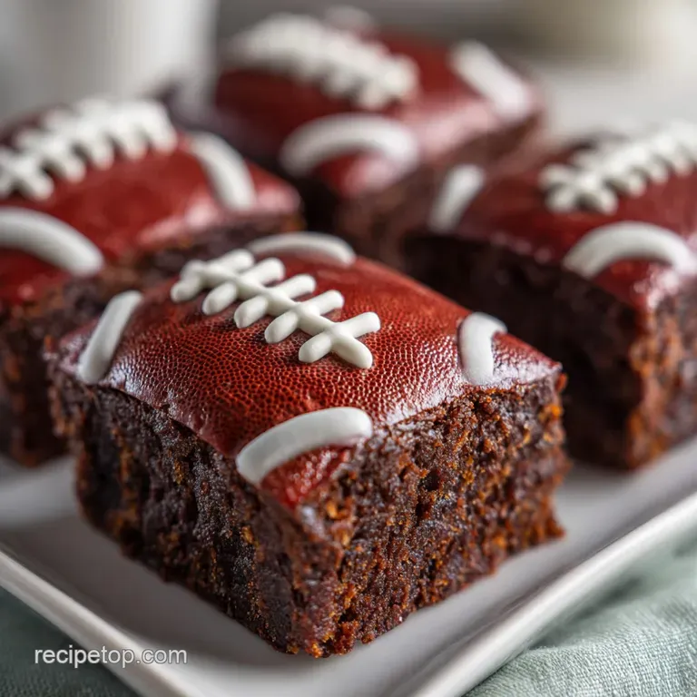A frosted football brownie sits on a white plate, close-up of white frosting laces against the dark chocolate brownie.