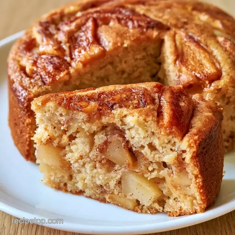A slice of warm, moist apple cake on a white ceramic plate, served with a dollop of cream and fresh mint.