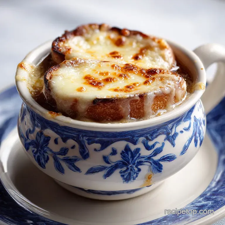 Deep brown savory broth in a white ramekin with a thick crust of toasted, melted cheese on a rustic linen napkin.