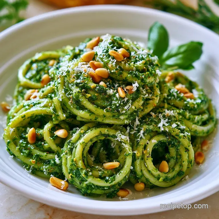 Twirled pasta nests coated in emerald green sauce on a white ceramic plate with a sprig of fresh basil on top.