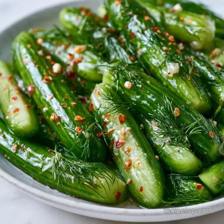 Thinly sliced bright green cucumber rounds arranged on a white platter with scattered peppercorns and herbs.