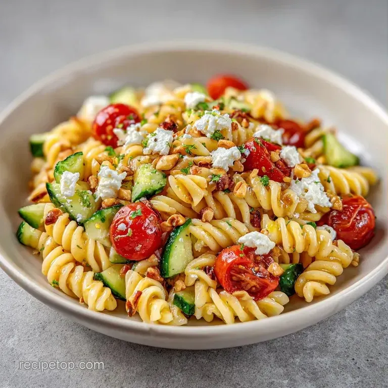 Vibrant pasta tossed with colorful herbs and vegetables, presented on a minimalist white plate with a silver fork.