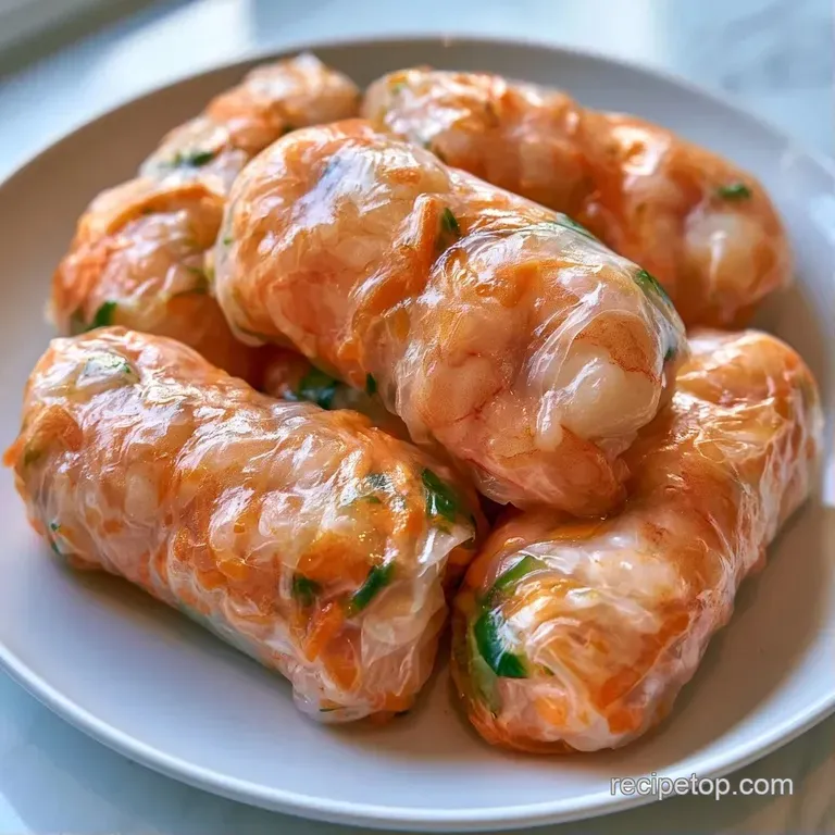Neatly aligned translucent wraps on a white platter with a small bowl of golden peanut dipping sauce.