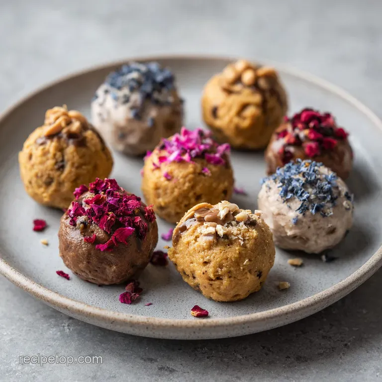 Arranged cluster of frozen, pale peanut butter yogurt bites with a drizzle of chocolate.