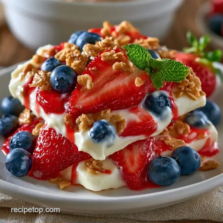 Irregular shards of chilled white yogurt topped with fresh berries and honey, arranged on a sleek slate platter.