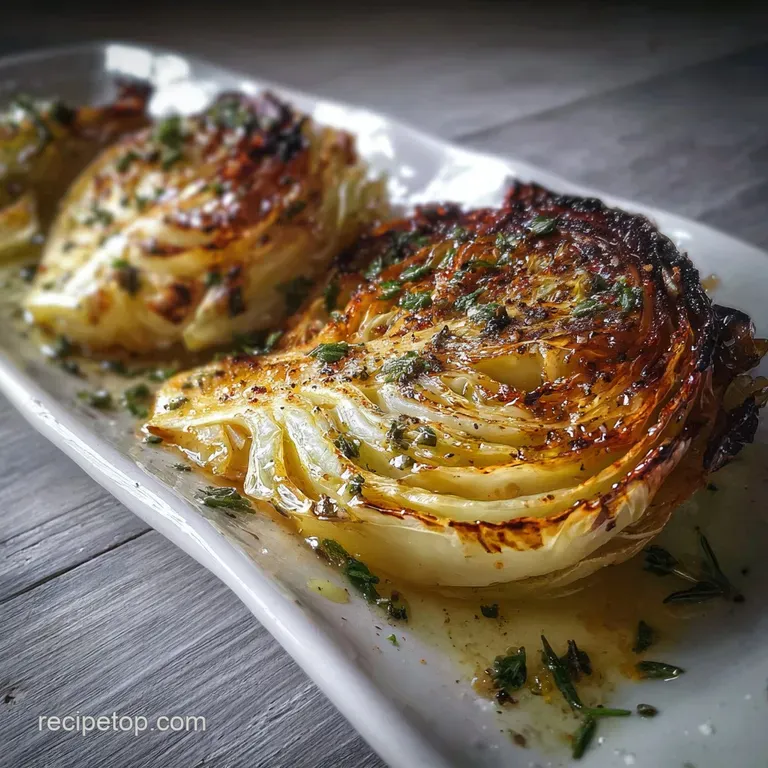 Perfectly browned cabbage wedge plated, glistening with melted garlic butter, fresh parsley garnish. Inviting, savory pres...