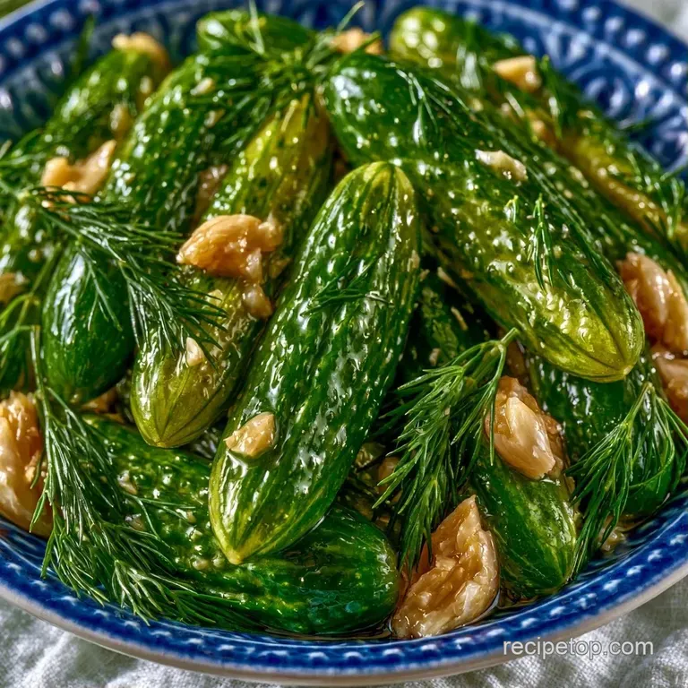 Vibrant green pickle slices arranged on a wooden board next to whole garlic cloves and sprigs of fresh green dill.