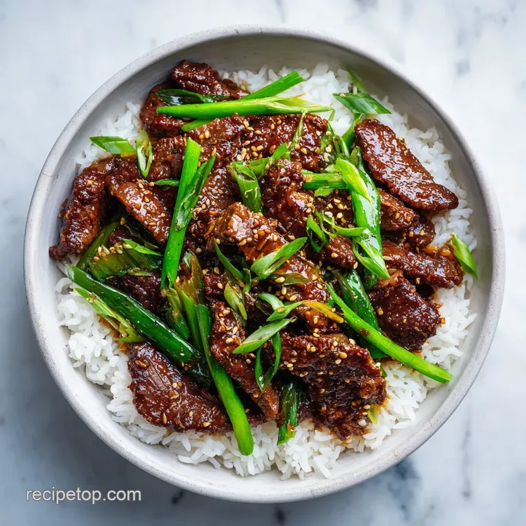 Glossy, dark beef and scallions are artfully arranged in a white bowl. Steam rises, hinting at the dish's warmth.