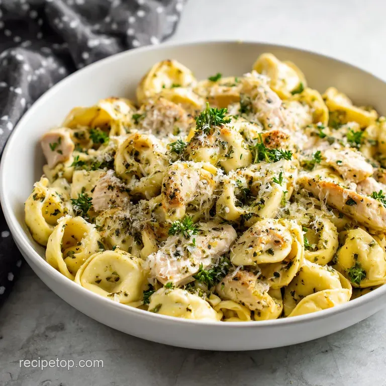 A single serving of creamy tortellini elegantly plated, swirled with sauce, topped with a sprinkle of parmesan and vibrant...