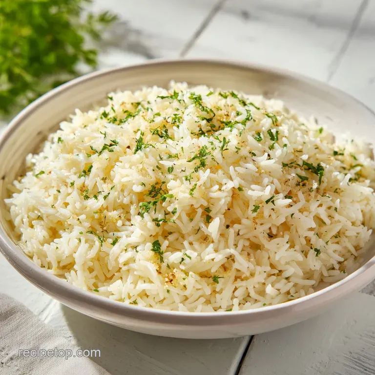A mound of steaming parmesan rice, sprinkled with fresh parsley, served in a white bowl. Vapor rising, plated elegantly.