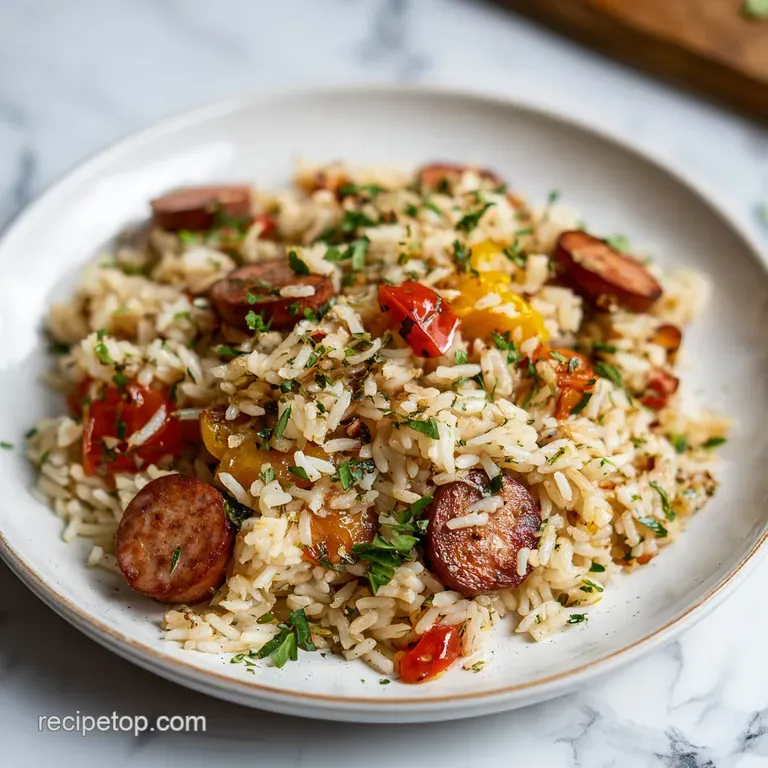 A rustic plate showcasing tender sausage and rice, garnished with fresh parsley and a squeeze of lemon.