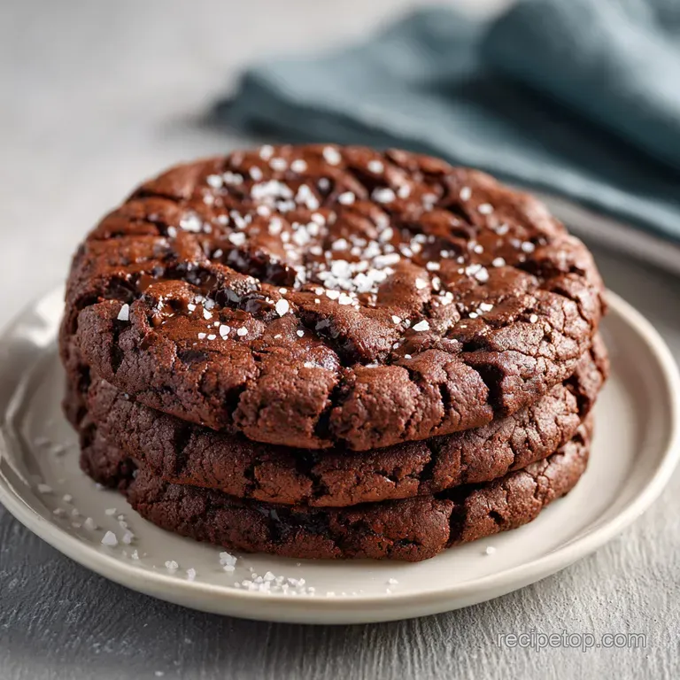 A slice of warm double chocolate cookie served on a white plate, glistening with melted chocolate and sprinkled with sea s...
