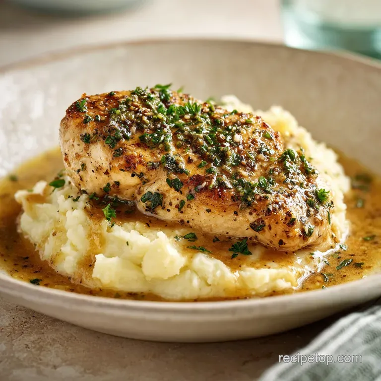 An artfully arranged plate featuring a succulent chicken breast, its herb glaze catching the light, beside fluffy, ivory m...