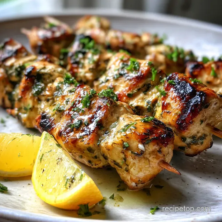 Juicy chicken souvlaki skewers presented over fluffy pita bread with a bright, cool tzatziki sauce. Fresh and delicious.