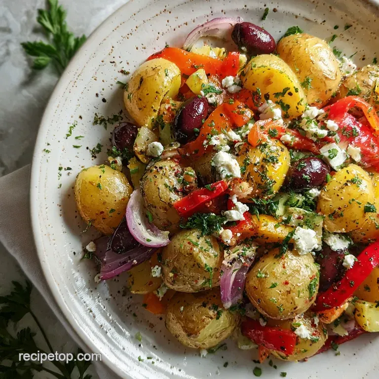 Elegant serving of Greek potato salad: creamy potatoes, pops of red onion, fresh herbs, glistening olive oil on white plate.