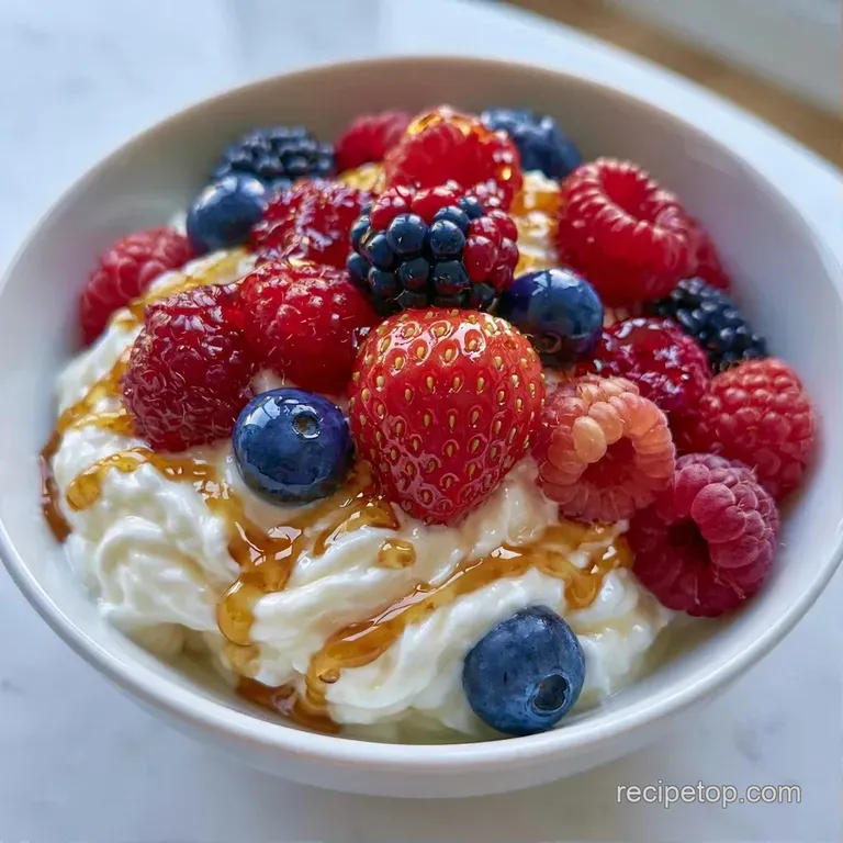 A chilled glass parfait of thick white yogurt layered with vibrant berries and a sprig of fresh mint on a table.