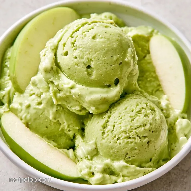 Elegant scoop of pale green frozen cream on a white plate with a caramel drizzle and a thin, crisp apple chip.