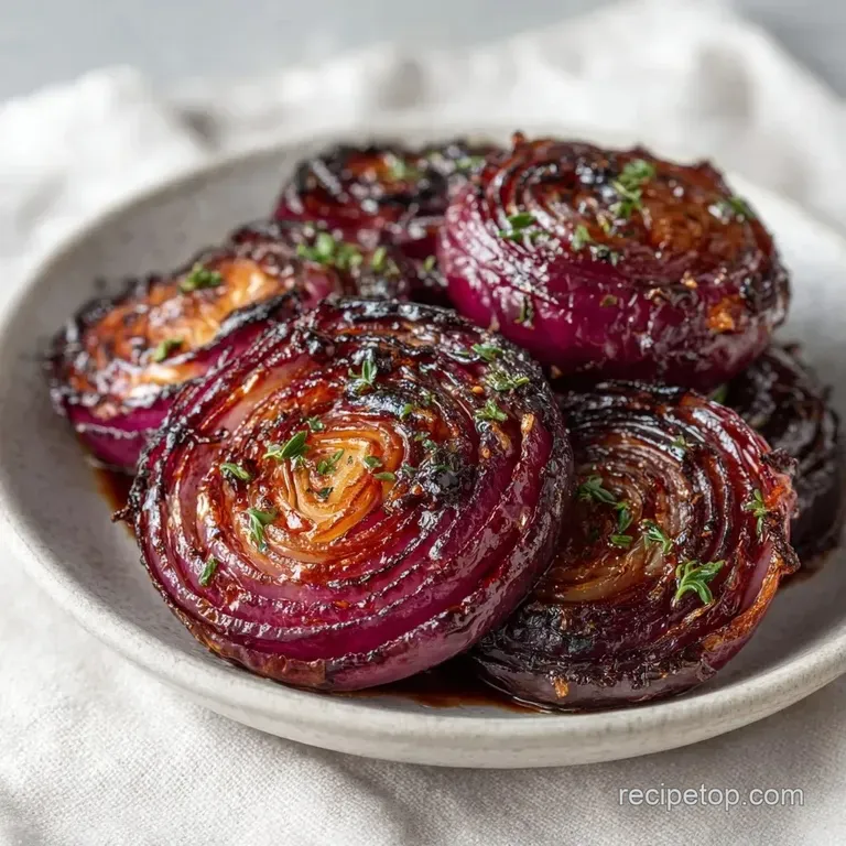 Charred onion slices arranged on a white platter, drizzled with dark syrup and sprinkled with fresh green herbs.