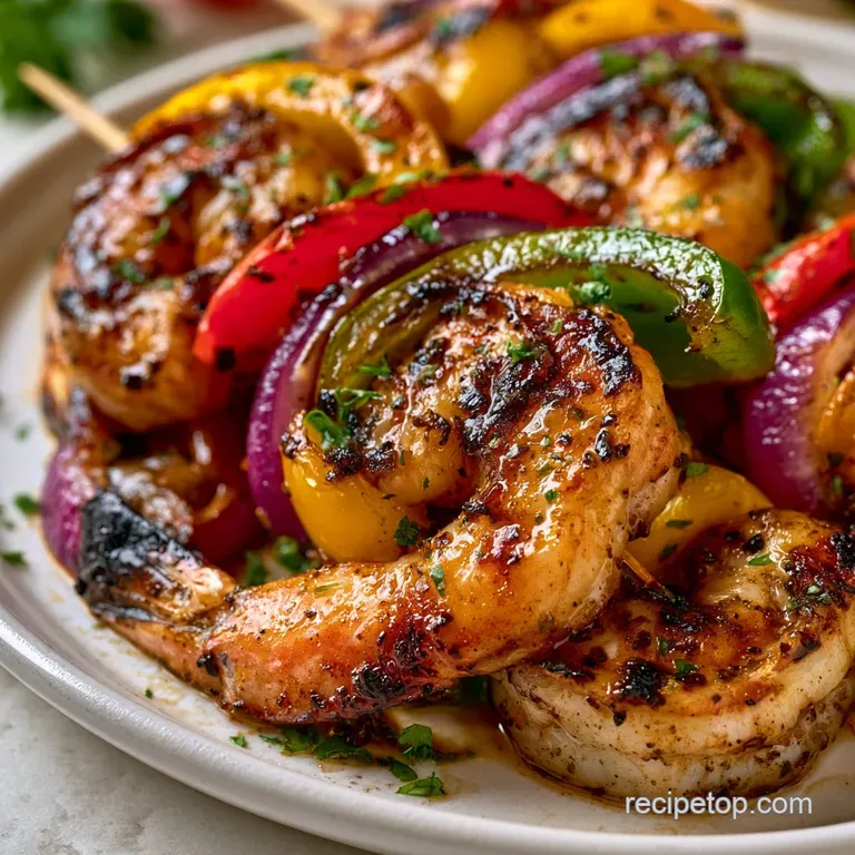 Three skewers of pink shrimp and colorful veggies on a white platter with fresh lemon wedges and sprigs of parsley.