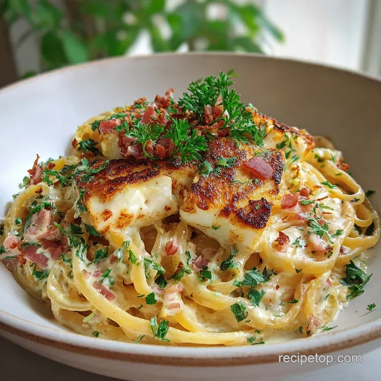 Elegant bowl of carbonara featuring glistening strands of pasta coated in creamy sauce, topped with browned halloumi and c...
