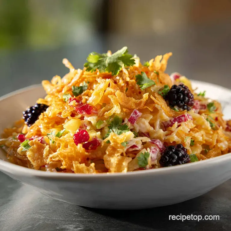 Hawaiian Haystacks, artfully arranged with glistening sauce and bright toppings, evoke tropical flavors in an appealing pr...