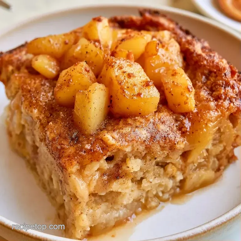 A neat square of cinnamon-spiced oatmeal on a white plate with a dollop of thick yogurt and a drizzle of amber honey.
