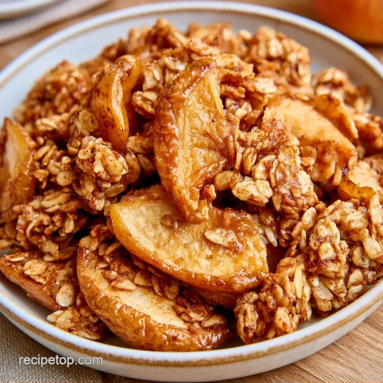 A white bowl of crunchy golden oats and sliced apples topped with a drizzle of honey and fresh mint leaves.