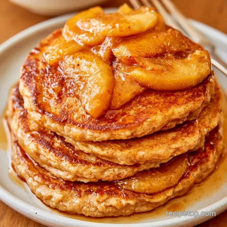 Golden pancakes stacked on a white ceramic plate, garnished with thin apple slices and a sprinkle of cinnamon.
