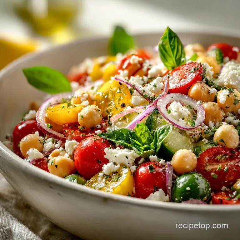 Bright and fresh Mediterranean chickpea salad presented in a clear glass bowl, highlighting layers of texture and vibrant ...
