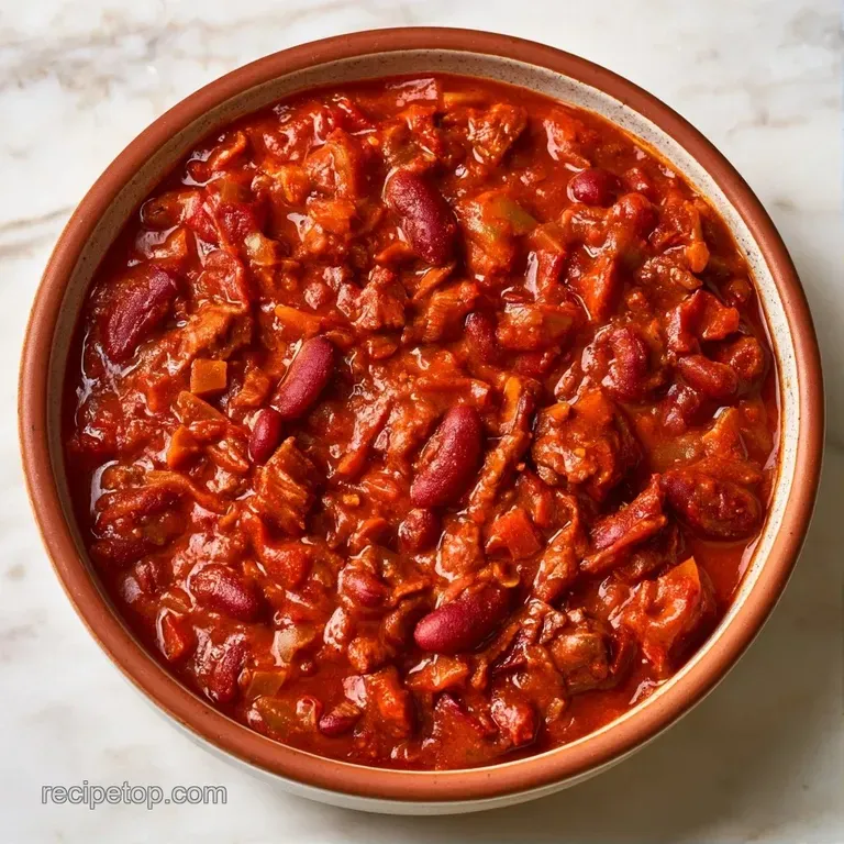 Rich, deep red stew in a ceramic bowl topped with a dollop of cool cream, sliced scallions, and golden cornbread.