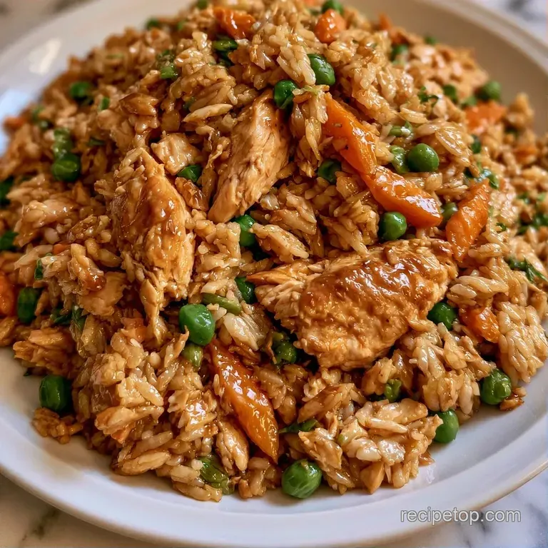 Elegant white platter of golden-brown rice and seared chicken bits garnished with fresh green onions and sesame seeds.