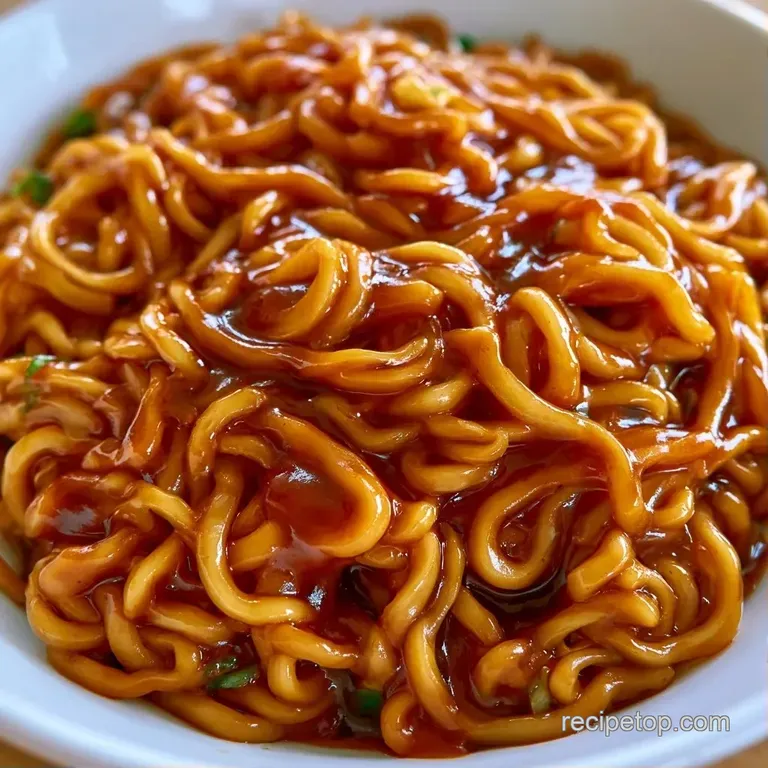 An elegant swirl of glistening brown noodles on a matte black plate, topped with fresh scallions and sesame seeds.