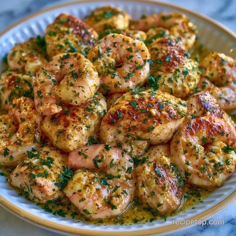 Glossy shrimp and golden chicken pieces arranged on a platter with tender zucchini and caramelized white onions.
